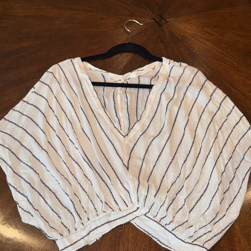 Mustard Seed White V-Neck Cropped Blouse with Navy Stripes